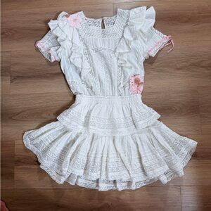 LoveShackFancy White Lace Mini Dress with Pink Accents